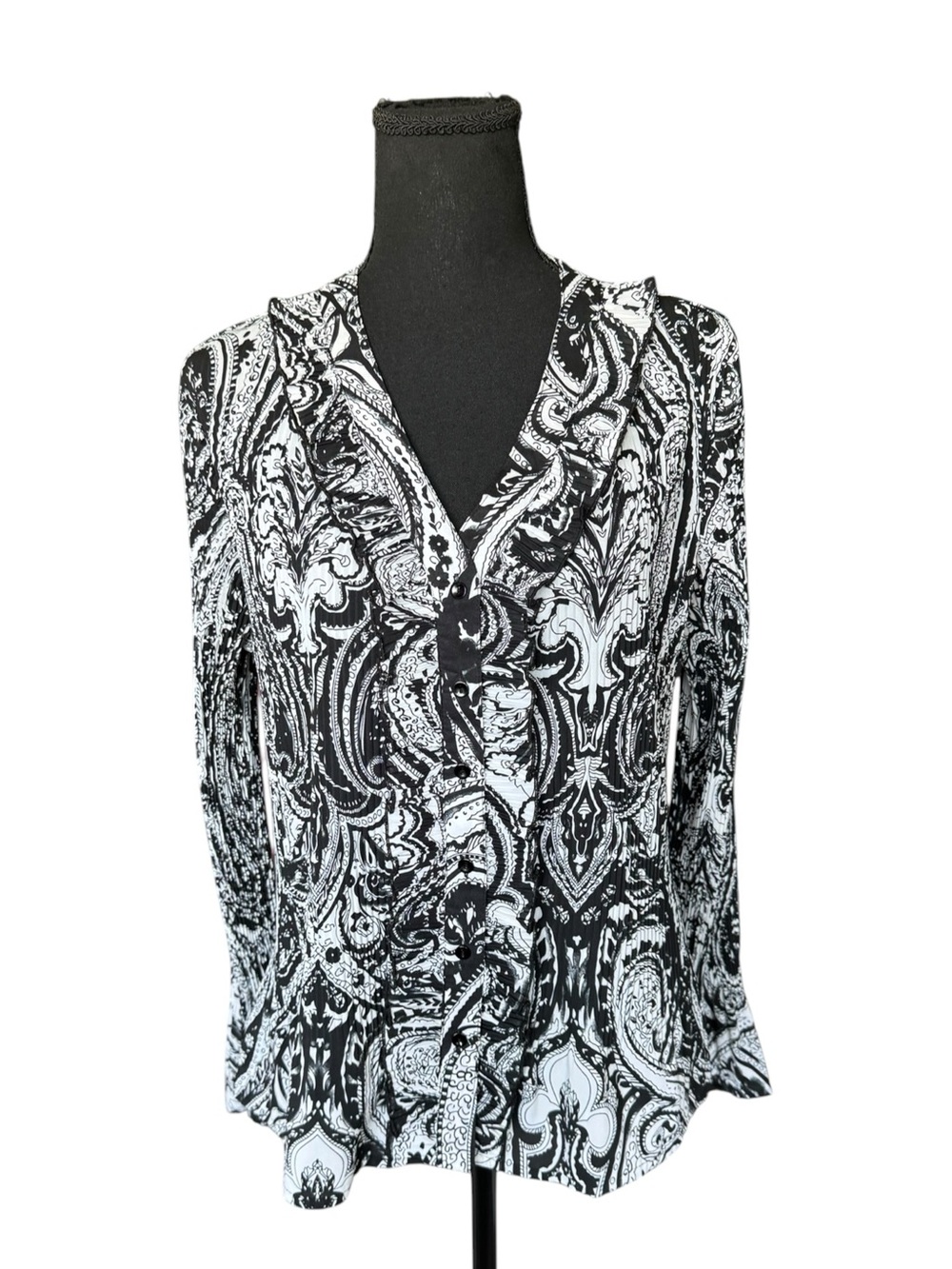 Fred David Stretch L Black White Paisley Ruched Ruffle Y2K Blouse Top